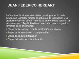 JUAN FEDERICO HERBART

Señala tres funciones esenciales para lograr el fin de la
educación (carácter moral): el gobierno, la instrucción y la
disciplina y afirma que el “interés es el concepto cardinal de
la instrucción “. Aquí intervienen los cuatro pasos o grados
formales de la enseñanza:
Etapa de la claridad o de la mostración del objeto
Etapa de la asociación o comparación
Etapa de la sistematización
Etapa del método o la aplicación
 