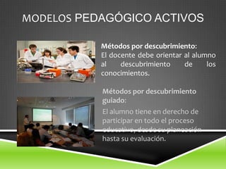 MODELOS PEDAGÓGICO ACTIVOS

           Métodos por descubrimiento:
           El docente debe orientar al alumno
           al    descubrimiento     de     los
           conocimientos.

           Métodos por descubrimiento
           guiado:
           El alumno tiene en derecho de
           participar en todo el proceso
           educativo, desde su planeación
           hasta su evaluación.
 
