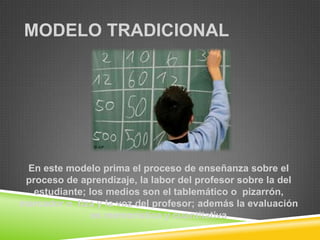 MODELO TRADICIONAL




 En este modelo prima el proceso de enseñanza sobre el
 proceso de aprendizaje, la labor del profesor sobre la del
   estudiante; los medios son el tablemático o pizarrón,
marcador o tiza y la voz del profesor; además la evaluación
                es memorística y cuantitativa
 