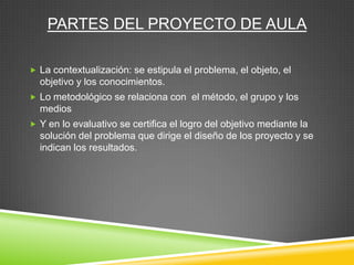 PARTES DEL PROYECTO DE AULA

 La contextualización: se estipula el problema, el objeto, el
  objetivo y los conocimientos.
 Lo metodológico se relaciona con el método, el grupo y los
  medios
 Y en lo evaluativo se certifica el logro del objetivo mediante la
  solución del problema que dirige el diseño de los proyecto y se
  indican los resultados.
 