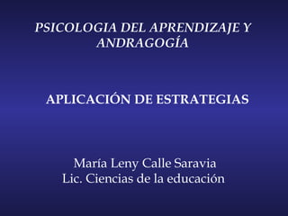 PSICOLOGIA DEL APRENDIZAJE Y
       ANDRAGOGÍA



 APLICACIÓN DE ESTRATEGIAS



     María Leny Calle Saravia
   Lic. Ciencias de la educación
 