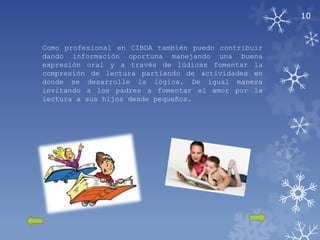 10


Como profesional en CIBDA también puedo contribuir
dando información oportuna manejando una buena
expresión oral y a través de lúdicas fomentar la
compresión de lectura partiendo de actividades en
donde se desarrolle la lógica. De igual manera
invitando a los padres a fomentar el amor por la
lectura a sus hijos desde pequeños.
 