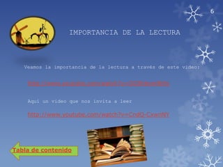 6


                  IMPORTANCIA DE LA LECTURA



   Veamos la importancia de la lectura a través de este video:


    http://www.youtube.com/watch?v=OO0hbom8tHc


    Aquí un video que nos invita a leer

    http://www.youtube.com/watch?v=CndQ-CxwnNY




Tabla de contenido
 