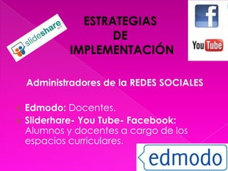 Administradores de la REDES SOCIALES

 Edmodo: Docentes.
 Sliderhare- You Tube- Facebook:
  Alumnos y docentes a cargo de los
  espacios curriculares.
 
