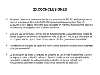 23.COCNCLUSIONES

 Se puede determinar que es necesaria una inversión de $65.702.665 para poner en
  marcha la empresa. Donde $45.600.000 serán invertidos en activos fijos y $
  20.102.665 es el capital necesario para la puesta en marcha, materia prima pago de
  empleados y otros gastos para el primer semestre.

 Que una vez terminada el primer año de funcionamiento y alcanzando las metas de
  ventas proyectas se obtiene una guanacia neta de $6.191.348, lo que indica que es
  un proyecto viable, que a pesar de sus pocos clientes genera una rentabilidad.

 Realizando un proyecto es necesario hacer varios estudios y análisis entes empezar
  el proyecto como tal.

 La distribución de frutas y verduras en Duitama es uno de los mecanismos y fuente
  de ingresos hacia población del barrio Boyacá donde vemos una posibilidad de
  mejorarles la calidad de vida ofreciendo productos de buena calidad y así
  motivándolos a generar proyectos productivos partiendo de esta idea.
 