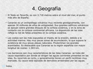 4. Geografía
●
    El Teide en Tenerife, es con 3.718 metros sobre el nivel del mar, el punto
    más alto de España.

●
    Canarias es un archipiélago volcánico muy reciente geológicamente, con
    apenas 30 millones de años de antigüedad. Sus grandes edificios volcánicos
    se apoyan sobre grandes bloques de la corteza oceánica, y en la zona de
    contacto con la corteza continental africana. La disposición de las islas
    refleja la red de fallas presentes en la corteza oceánica.

●
    Las costas son las más expuestas al ímpetu de la erosión, debido a la
    actividad marina. Hay muy pocas zonas de acumulación, lo que supone la
    existencia de muy pocas playas naturales. Predominan los grandes
    acantilados. Es destacable que Canarias es la región española con mayor
    longitud de costas: 1.583 km.

●
    Los barrancos son muy característicos de las Islas Canarias: se trata del
    cauce esporádico por donde se dirigen las aguas corrientes presentes en las
    islas. Su recorrido es corto, y generalmente tienen un perfil rectilíneo muy
    marcado. Su cauce está tapizado de derrubios arrastrados por las aguas.
                                                                                 13
Índice
 