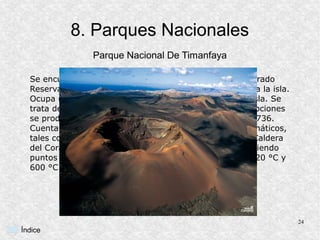 8. Parques Nacionales
                 Parque Nacional De Timanfaya

  Se encuentra en Lanzarote. Fue creado en 1974 y declarado
  Reserva de la Biosfera en 1993, conjuntamente con toda la isla.
  Ocupa una extensión de 51,07 km² del suroeste de la isla. Se
  trata de un parque de origen volcánico. Las últimas erupciones
  se produjeron en el siglo XVIII, entre los años 1730 y 1736.
  Cuenta con más de 25 volcanes, siendo algunos emblemáticos,
  tales como la Montaña de Fuego, Montaña Rajada o la Caldera
  del Corazoncillo. Aún presenta actividad volcánica, existiendo
  puntos de calor en la superficie que alcanzan los 100–120 °C y
  600 °C a 13 metros de profundidad.




                                                                    24
Índice
 