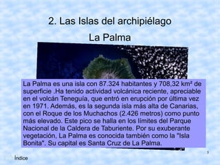 2. Las Islas del archipiélago
                         La Palma



   La Palma es una isla con 87.324 habitantes y 708,32 km² de
   superficie .Ha tenido actividad volcánica reciente, apreciable
   en el volcán Teneguía, que entró en erupción por última vez
   en 1971. Además, es la segunda isla más alta de Canarias,
   con el Roque de los Muchachos (2.426 metros) como punto
   más elevado. Este pico se halla en los límites del Parque
   Nacional de la Caldera de Taburiente. Por su exuberante
   vegetación, La Palma es conocida también como la "Isla
   Bonita". Su capital es Santa Cruz de La Palma.
                                                                    5
Índice
 