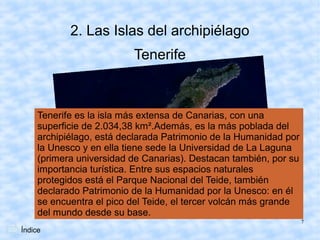 2. Las Islas del archipiélago
                          Tenerife



     Tenerife es la isla más extensa de Canarias, con una
     superficie de 2.034,38 km².Además, es la más poblada del
     archipiélago, está declarada Patrimonio de la Humanidad por
     la Unesco y en ella tiene sede la Universidad de La Laguna
     (primera universidad de Canarias). Destacan también, por su
     importancia turística. Entre sus espacios naturales
     protegidos está el Parque Nacional del Teide, también
     declarado Patrimonio de la Humanidad por la Unesco: en él
     se encuentra el pico del Teide, el tercer volcán más grande
     del mundo desde su base.
                                                                   7
Índice
 