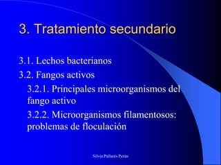 3. Tratamiento secundario

3.1. Lechos bacterianos
3.2. Fangos activos
  3.2.1. Principales microorganismos del
  fango activo
  3.2.2. Microorganismos filamentosos:
  problemas de floculación

                  Silvia Pallarés Perán
 