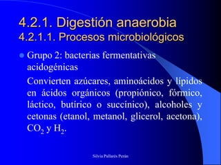 4.2.1. Digestión anaerobia
4.2.1.1. Procesos microbiológicos
   Grupo 2: bacterias fermentativas
    acidogénicas
    Convierten azúcares, aminoácidos y lípidos
    en ácidos orgánicos (propiónico, fórmico,
    láctico, butírico o succínico), alcoholes y
    cetonas (etanol, metanol, glicerol, acetona),
    CO2 y H2.

                    Silvia Pallarés Perán
 