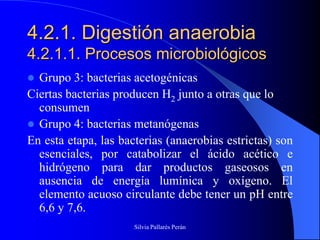 4.2.1. Digestión anaerobia
4.2.1.1. Procesos microbiológicos
 Grupo 3: bacterias acetogénicas
Ciertas bacterias producen H2 junto a otras que lo
  consumen
 Grupo 4: bacterias metanógenas
En esta etapa, las bacterias (anaerobias estrictas) son
  esenciales, por catabolizar el ácido acético e
  hidrógeno para dar productos gaseosos en
  ausencia de energía lumínica y oxígeno. El
  elemento acuoso circulante debe tener un pH entre
  6,6 y 7,6.
                      Silvia Pallarés Perán
 