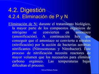 4.2. Digestión
4.2.4. Eliminación de P y N
Eliminación de N: durante el tratamiento biológico,
  la mayor parte de los compuestos orgánicos de
  nitrógeno      se    convierten    en     amoniaco
  (amonificación). A continuación hay que
  conseguir que el amoniaco se convierta a nitratos
  (nitrificación) por la acción de bacterias aerobias
  nitrificantes (Nitrosomonas y Nitrobacter). Este
  proceso de nitrificación necesita reactores de
  mayor volumen que los necesarios para eliminar
  carbono orgánico. Las temperaturas bajas
  dificultan el proceso.
                     Silvia Pallarés Perán
 