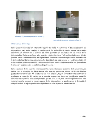 Ilustración 2: Contenedor colocado en el Taller #1

                                                          Ilustración 3: Contenedor colocado en Taller #2

Mediciones de Campo

Como ya sea mencionado con anterioridad a partir del día 03 de septiembre de 2012 se colocaron los
contenedores para poder realizar el monitoreo de la producción de aceite residual para poder
determinar un estimado de la cantidad de aceite quemado que se produce en las cocinas de la
Universidad del Caribe, y conforme a los acuerdos establecidos con el Profesor Ricardo Cisneros Beltrán
y el Chef Adrián Gómez Hernández, encargado de los talleres de Gastronomía y el chef de la cafetería de
la Universidad del Caribe respectivamente, los días sábado de cada semana se hará la medición del
aceite obtenido en los contenedores y llevar un control de la producción semanal del aceite quemado en
la cafetería y los días martes en los talleres de gastronomía.

Como resultado de los acuerdos obtenidos con los representantes de las cocinas de la universidad, se
lleva a cabo el monitoreo del aceite residual para tener un historial del mismo, con lo cual como se
puede observar en la Tabla #01 se observa que en la cafetería, hay un comportamiento estable en la
producción a excepción del registro de la segunda semana, que tiene una considerable elevación
contando este registro la producción promedio que da 4355.55 ml/mes, sin embargo eliminando este
registro inusual y tomando el menor registro de las observaciones se puede ver en la Grafica#1 el
comportamiento es regular y se obtiene un promedio de 3390 ml/mes de aceite quemado.




                                                                                                            - 14 -
 