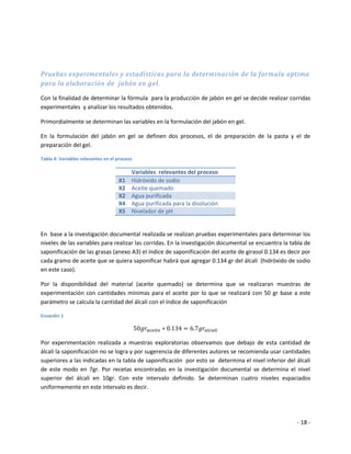 Pruebas experimentales y estadísticas para la determinación de la formula optima
para la elaboración de jabón en gel.

Con la finalidad de determinar la fórmula para la producción de jabón en gel se decide realizar corridas
experimentales y analizar los resultados obtenidos.

Primordialmente se determinan las variables en la formulación del jabón en gel.

En la formulación del jabón en gel se definen dos procesos, el de preparación de la pasta y el de
preparación del gel.

Tabla 4: Variables relevantes en el proceso

                                          Variables relevantes del proceso
                                    X1    Hidróxido de sodio
                                    X2    Aceite quemado
                                    X2    Agua purificada
                                    X4    Agua purificada para la disolución
                                    X5    Nivelador de pH


En base a la investigación documental realizada se realizan pruebas experimentales para determinar los
niveles de las variables para realizar las corridas. En la investigación documental se encuentra la tabla de
saponificación de las grasas (anexo A3) el índice de saponificación del aceite de girasol 0.134 es decir por
cada gramo de aceite que se quiera saponificar habrá que agregar 0.134 gr del álcali (hidróxido de sodio
en este caso).

Por la disponibilidad del material (aceite quemado) se determina que se realizaran muestras de
experimentación con cantidades mínimas para el aceite por lo que se realizará con 50 gr base a este
parámetro se calcula la cantidad del álcali con el índice de saponificación

Ecuación 1




Por experimentación realizada a muestras exploratorias observamos que debajo de esta cantidad de
álcali la saponificación no se logra y por sugerencia de diferentes autores se recomienda usar cantidades
superiores a las indicadas en la tabla de saponificación por esto se determina el nivel inferior del álcali
de este modo en 7gr. Por recetas encontradas en la investigación documental se determina el nivel
superior del álcali en 10gr. Con este intervalo definido. Se determinan cuatro niveles espaciados
uniformemente en este intervalo es decir.




                                                                                                      - 18 -
 