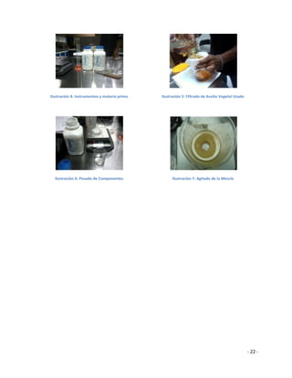 Ilustración 4: Instrumentos y materia prima   Ilustración 5: Filtrado de Aceite Vegetal Usado




  Ilustración 6: Pesado de Componentes              Ilustración 7: Agitado de la Mezcla




                                                                                                - 22 -
 