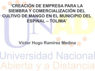 ‘CREACIÓN DE EMPRESA PARA LA
  SIEMBRA Y COMERCIALIZACIÓN DEL
CULTIVO DE MANGO EN EL MUNICIPIO DEL
          ESPINAL – TOLIMA’




      Víctor Hugo Ramírez Medina



                                   1
 