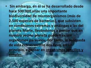 • Sin embargo, en él se ha desarrollado desde
hace 500.000 años una importante
biodiversidad de microorganismos (más de
2.500 especies de bacterias), que subsisten
en condiciones extremas y análogas a las del
planeta Marte, llevándonos a pensar que en
nuestro vecino planeta pueden existir
organismos parecidos. Por tanto, la búsqueda
de vida extraterrestre nos lleva, en un
principio, a pensar en organismos sencillos y
simples.
 