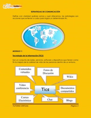 TUTORIA VIRTUAL Página 3
ESTRATEGIAS DE COMUNICACIÓN
Define con claridad quiénes somos y qué ofrecemos, las estrategias son
acciones que se llevan a cabo para lograr un determinado fin.
MODULO 1:
Tecnología de la información (TICS)
Son un conjunto de redes, servicios, software y dispositivos que tienen como
fin la mejora de la calidad de vida de las personas dentro de un entono.
Tics
Wikis
Foros de
Discusión
Contenidos
virtuales
Documentos
compartidos
Video
conferencia
Correo
Electrónico Chat Blogs
 