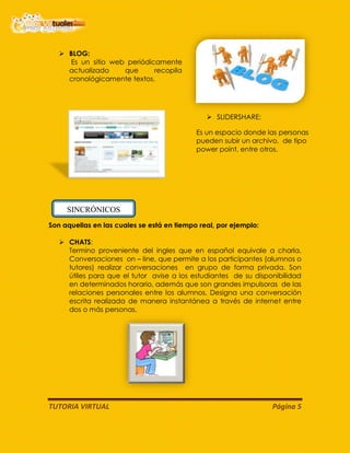 TUTORIA VIRTUAL Página 5
 BLOG:
Es un sitio web periódicamente
actualizado que recopila
cronológicamente textos.
Son aquellas en las cuales se está en tiempo real, por ejemplo:
 CHATS:
Termino proveniente del ingles que en español equivale a charla.
Conversaciones on – line, que permite a los participantes (alumnos o
tutores) realizar conversaciones en grupo de forma privada. Son
útiles para que el tutor avise a los estudiantes de su disponibilidad
en determinados horario, además que son grandes impulsoras de las
relaciones personales entre los alumnos. Designa una conversación
escrita realizada de manera instantánea a través de internet entre
dos o más personas.
SINCRÓNICOS
 SLIDERSHARE:
Es un espacio donde las personas
pueden subir un archivo, de tipo
power point, entre otros.
 