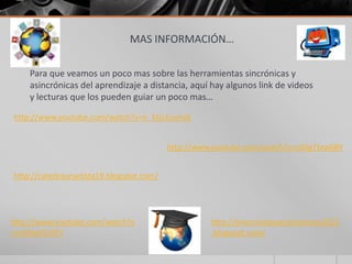 MAS INFORMACIÓN…
Para que veamos un poco mas sobre las herramientas sincrónicas y
asincrónicas del aprendizaje a distancia, aquí hay algunos link de videos
y lecturas que los pueden guiar un poco mas…
http://www.youtube.com/watch?v=n_EGLEuynaE
http://www.youtube.com/watch?v=cX0gTtzw6BY
http://catedraunadista19.blogspot.com/
http://sincronicasyasincronicas2012
.blogspot.com/
http://www.youtube.com/watch?v
=m4SkqFEOIFY
 