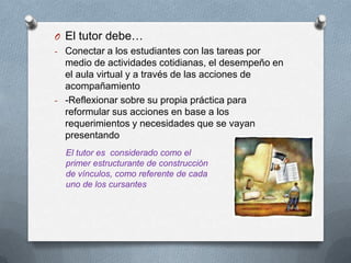 O El tutor debe…
- Conectar a los estudiantes con las tareas por
medio de actividades cotidianas, el desempeño en
el aula virtual y a través de las acciones de
acompañamiento
- -Reflexionar sobre su propia práctica para
reformular sus acciones en base a los
requerimientos y necesidades que se vayan
presentando
El tutor es considerado como el
primer estructurante de construcción
de vínculos, como referente de cada
uno de los cursantes
 
