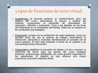 3 tipos de Funciones de tutor virtual
O Académicas: el docente sostiene un mantenimiento claro del
objetivo del curso, estimulando la lectura y análisis del
material, encauzando el desarrollo de actividades de
aplicación, reflexión y evaluación. Guía a los debates en los foros
convirtiéndose en un moderador del trabajo. Debe ser un experto en
los contenidos que trabajará.
O Psicosocial: cumple con la contención de cada integrante, como así
también entre las con el entorno de trabajo, estimulando la
interacción, animando a consultar, familiarizando al cursante con el
nuevo espacio. El tutor está presente a través de su palabra y de
sus participaciones frecuentes.
O Organizativa: establece el encuadre de trabajo y lo da a conocer, lo
comunica de forma clara las pautas del curso (trabajos
prácticos, evaluaciones, bibliografía, etc.) para generar seguridad en
los estudiantes. El objetivo es que alcance una mayor
autonomía, promover prácticas libres.
 