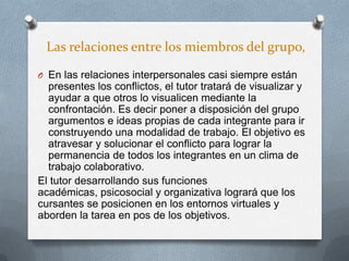 Las relaciones entre los miembros del grupo,
O En las relaciones interpersonales casi siempre están
presentes los conflictos, el tutor tratará de visualizar y
ayudar a que otros lo visualicen mediante la
confrontación. Es decir poner a disposición del grupo
argumentos e ideas propias de cada integrante para ir
construyendo una modalidad de trabajo. El objetivo es
atravesar y solucionar el conflicto para lograr la
permanencia de todos los integrantes en un clima de
trabajo colaborativo.
El tutor desarrollando sus funciones
académicas, psicosocial y organizativa logrará que los
cursantes se posicionen en los entornos virtuales y
aborden la tarea en pos de los objetivos.
 