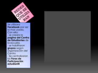 Se utilizara
Facebook por ser
la mas usada.
Con ella:
• se creara la
pagina del Centro
de Estudiantes de
la escuela.
• se habilitaran
grupos según
organización del
Centro
• Se centralizaran
los Foros de
Participación
estudiantil
 