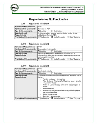 UNIVERSIDAD TECNONOLÓGICA DEL ESTADO DE ZACATECAS
UNIDAD ACADÉMICA DE PINOS
TECNOLOGÍAS DE LA INFORMACIÓN Y COMUNICACIÓN
Requerimientos No Funcionales
2.1.9 Requisito no funcional 1
2.1.10 Requisito no funcional 2
2.1.11 Requisito no funcional 3
Número del Requerimiento RF01
Nombre del Requerimiento Reportes en PDF
Tipo de Requerimiento Requisito Restricción
Descripción del
Requerimiento
El sistema deberá generar reportes de las ventas de los
productos en formato PDF.
Prioridad del Requerimiento Alta/Esencial Media/Deseado Baja/ Opcional
Número del Requerimiento RF02
Nombre del Requerimiento Seguridad en información
Tipo de Requerimiento Requisito Restricción
Descripción del
Requerimiento
Garantizar la seguridad del sistema con respecto a la
información y datos que se manejan tales sean documentos,
archivos y contraseñas.
Prioridad del Requerimiento Alta/Esencial Media/Deseado Baja/ Opcional
Número del Requerimiento RF03
Nombre del Requerimiento Diseño de la interfaz
Tipo de Requerimiento Requisito Restricción
Descripción del
Requerimiento
El sistema contara con un formato específico requerido por el
cliente.
 Tendrá ventanas y formularios
 Tipo de fuente Arial tamaño 11 para el texto y tamaño
14 para los títulos
 Color de fuente Negro y color verde pistache para el
fondo
 Interlineado 1.5
 Contar con imagen de cada tipo de producto y logos
de los proveedores
 Listas despegables
 Banners y animaciones
Prioridad del Requerimiento Alta/Esencial Media/Deseado Baja/ Opcional
 