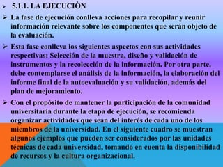 

5.1.1. LA EJECUCIÒN

 La fase de ejecución conlleva acciones para recopilar y reunir
información relevante sobre los componentes que serán objeto de
la evaluación.
 Esta fase conlleva los siguientes aspectos con sus actividades
respectivas: Selección de la muestra, diseño y validación de
instrumentos y la recolección de la información. Por otra parte,
debe contemplarse el análisis de la información, la elaboración del
informe final de la autoevaluación y su validación, además del
plan de mejoramiento.
 Con el propósito de mantener la participación de la comunidad
universitaria durante la etapa de ejecución, se recomienda
organizar actividades que sean del interés de cada uno de los
miembros de la universidad. En el siguiente cuadro se muestran
algunos ejemplos que pueden ser considerados por las unidades
técnicas de cada universidad, tomando en cuenta la disponibilidad
de recursos y la cultura organizacional.

 