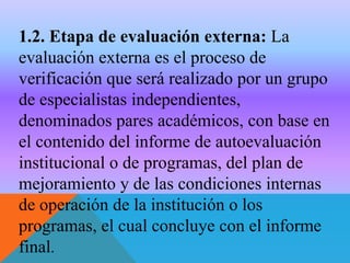 1.2. Etapa de evaluación externa: La
evaluación externa es el proceso de
verificación que será realizado por un grupo
de especialistas independientes,
denominados pares académicos, con base en
el contenido del informe de autoevaluación
institucional o de programas, del plan de
mejoramiento y de las condiciones internas
de operación de la institución o los
programas, el cual concluye con el informe
final.

 