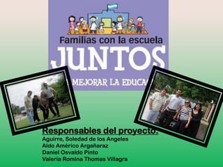 Responsables del proyecto:
Aguirre, Soledad de los Angeles
Aldo Américo Argañaraz
Daniel Osvaldo Pinto
Valeria Romina Thomas Villagra

 