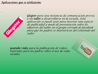 Aplicaciones que se utilizarán:

.
Glogter para una instancia de comunicación previa
a un taller a desarrollarse en la escuela. Esta

aplicación se puede usar para insertar una especie
de publicidad a modo de presentación sobre los
objetivos del taller en el grupo cerrado de facebook
para que los padres se interioricen del contenido del
taller

youtube video para la publicación de videos
tutoriales para los padres sobre el uso de redes
sociales.

 