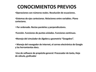 CONOCIMIENTOS PREVIOS
•Operaciones con números reales. Resolución de ecuaciones.
•Sistemas de ejes cartesianos. Relaciones entre variables. Plano
cartesiano.
• Par ordenado. Rectas paralelas y perpendiculares.
•Función. Funciones de puntos aislados. Funciones continuas.
•Manejo del simulador de álgebra y geometría “Geogebra”.
• Manejo del navegador de Internet, el correo electrónico de Google
y las herramientas docs.
•Uso de software de propósito general: Procesador de texto, Hoja
de cálculo, graficador

 