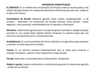 REFERENTES CONCEPTUALES
EL ENSILAJE: Es un método de conservación de forrajes verde ya sea de pastos o de
arboles de leguminosas en la época de abundancia (Invierno) para que sea usado en
la época de escasez.
Cosechadora de forraje: Maquina agrícola sobre ruedas, autopropulsada o de
arrastre , destinada a la recolección de forrajes (hierbas, otras plantas , restos
vegetales o de cosechas), combinándolo con el repicado o trituración.
Silo bolsa: Implemento agrícola para el acopio de granos (cereales y oleaginosas)que
consiste en una amplia bolsa plástica donde almacenar la cosecha hasta que sea
necesario transportarla para su comercialización.
Arado(Rastra): Es una herramienta de hierro utilizada en la agricultura para preparar
y remover el suelo antes de la siembra.
Tractor: Es un vehículo especial autopropulsado que se utiliza para arrastrar o
empujar remolques , aperos u otra maquinaria o carga pesada.
Forraje: Pasto seco conservado para la alimentación del ganado.
Galpón o garaje: Espacio construido en concreto para guardar la maquinaria agrícola
, al lado de las oficinas.

 