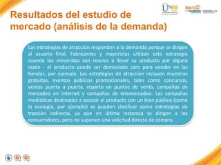 Resultados del estudio de
mercado (análisis de la demanda)
Las estrategias de atracción responden a la demanda porque se dirigen
al usuario final. Fabricantes y mayoristas utilizan esta estrategia
cuando los minoristas son reacios a llevar su producto por alguna
razón - el producto puede ser demasiado caro para vender en las
tiendas, por ejemplo. Las estrategias de atracción incluyen muestras
gratuitas, eventos públicos promocionales, tales como concursos,
ventas puerta a puerta, reparto en puntos de venta, campañas de
mercadeo en Internet y campañas de telemercadeo. Las campañas
mediáticas destinadas a asociar el producto con un bien público (como
la ecología, por ejemplo) se pueden clasificar como estrategias de
tracción indirecta, ya que en última instancia se dirigen a los
consumidores, pero no suponen una solicitud directa de compra.

 