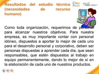 Resultados del estudio técnico
(necesidades
de
recurso
humano)
Como toda organización, requerimos de personal
para alcanzar nuestros objetivos. Para nuestra
empresa, es muy importante contar con personal
idóneo, dispuestos a aportar lo mejor de cada uno
para el desarrollo personal y corporativo, deben ser
personas dispuestas a aprender cada día, que sean
responsables, que estén dispuestos al trabajo en
equipo permanentemente, dando lo mejor de sí en
la elaboración de cada uno de nuestros productos.

 