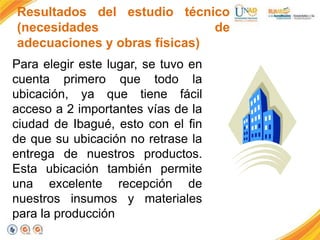 Resultados del estudio técnico
(necesidades
de
adecuaciones y obras físicas)
Para elegir este lugar, se tuvo en
cuenta primero que todo la
ubicación, ya que tiene fácil
acceso a 2 importantes vías de la
ciudad de Ibagué, esto con el fin
de que su ubicación no retrase la
entrega de nuestros productos.
Esta ubicación también permite
una excelente recepción de
nuestros insumos y materiales
para la producción

 