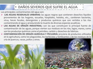 • DAÑOS SEVEROS QUE SUFRE EL AGUA
Los principales contaminantes del agua son:
 LAS AGUAS RESIDUALES URBANAS: las aguas negras que contienen desechos líquidos
provenientes de los hogares, escuelas, hospitales, hoteles, etc., contienen bacterias,
virus, heces fecales, detergentes y productos químicos que son vertidos a los ríos
contaminando el agua y produciendo la muerte de diversas especias acuáticas.
 LAS AGUAS DE ORIGÉN INDUSTRIAL: son las que constituyen la principal fuente de
contaminación de las aguas, porque vierten sus residuos en los ríos, lagos, mares, como
son los productos químicos como el petróleo, carbón y desechos de fabricas.
 CONTAMINACIÓN DE ORIGÉN AGRÍCOLA Y PECUARIA: proviene de productos utilizados
en la agricultura, como los plaguicidas, los herbicidas y fertilizantes y de los residuos de la
cría de puercos, vacas, pollos y otros.
 
