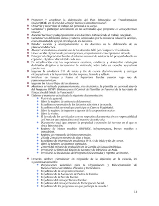 11
Promover y coordinar la elaboración del Plan Estratégico de Transformación
Escolar(PETE) en el seno del Consejo Técnico Consultivo Escolar.
Observar y supervisar el trabajo del personal a su cargo.
Coordinar y participar activamente en las actividades que programe el ConsejoTécnico
Escolar.
Asesorar técnica y pedagógicamente a los docentes, fortaleciendo el trabajo colegiado.
Coordinar los diferentes cursos y talleres convocados por la instancia educativa delnivel,
con la finalidad de apoyar el trabajo de los docentes.
Brindar asesoría y acompañamiento a los docentes en la elaboración de su
planeacióndidáctica.
Atender a los alumnos cuando uno de los docentes falte por cualquier circunstancia.
Llevar a cabo el proceso de preinscripciones, conjuntamente con el personal docente.
Entregar a la Supervisión Escolar el informe mensual de asistencia del personaladscrito en
el plantel, el primer día hábil de cada mes.
En coordinación con los supervisores escolares, establecer y desarrollar estrategias
dedifusión dirigidas a incrementar la matricula, sobre todo en escuelas vespertinas
ynocturnas.
Ingresar la estadística 911 de inicio y fin de cursos electrónicamente y entregar
elcomprobante a la Supervisión Escolar impreso, firmado y sellado.
Notificar en tiempo y forma al Supervisor Escolar cuando haga uso de
permisoseconómicos.
Ingresar las Altas y Bajas de los alumnos.
Mantener actualizada permanentemente, vía electrónica, la plantilla de personal através
del Programa SIPSEV (Sistema para el Control de Plantillas de Personal de la Secretaría de
Educación del Estado de Veracruz).8
Elaborar y mantener actualizada la siguiente documentación:
Matrícula general.
Libro de registro de asistencia del personal.
Expedientes personales de los docentes adscritos a la escuela.
Expedientes del personal que participa en Carrera Magisterial.
Libro de registro de ingresos y egresos de la cooperativa escolar.
Libro de visitas.
El llenado de los certificados con su respectiva documentación es responsabilidad
delDirector en conjunción con el maestro de sexto año.
Documento legal que ampare la propiedad o posesión del terreno en el que se
ubica lainstitución.
Registro de bienes muebles (IMPESEV, infraestructura, bienes muebles e
inmuebles).
Registro de resguardo de bienes personales.
Cédula Censal con reporte de altas y bajas.
Expediente de información estadística (911.4) de inicio y fin de cursos.
Libro de registro de alumnos egresados.
Control del proceso de evaluación en la Cartilla de Educación Básica.
Inventario de libros del Rincón de Lectura y de Biblioteca de Aula.
Inventario de incidencias del Programa Enciclomedia y reportes del mismo.
Deberán también permanecer en resguardo de la dirección de la escuela, los
siguientesdocumentos:
Disposiciones Generales para la Organización y Funcionamiento de
EscuelasPrimarias Estatales Oficiales y Particulares.
Expediente de la Cooperativa Escolar.
Expediente de la Asociación de Padres de Familia.
Expediente de la Parcela Escolar.
Expediente del Consejo Técnico Escolar.
Expediente del Consejo Escolar de Participación Social.
Expediente de los programas en que participa la escuela.1
 