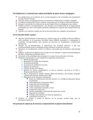 12
Del Subdirector y/o personal que realiza actividades de apoyo técnico-pedagógico:
En coordinación con el director de la escuela integrarse a las actividades que programeel
Consejo Técnico Escolar.
Asesorar técnica y pedagógicamente a los docentes, fortaleciendo el trabajo colegiado.
Coordinar los diferentes cursos y talleres convocados por la instancia educativa delnivel.
Integrar el portafolio de evidencias de las actividades técnico-pedagógicas que realiza.
Brindar asesoría y acompañamiento a los docentes en la elaboración de su planeaciónde
contenidos, por ciclo o por grados paralelos, utilizando los espacios del ConsejoTécnico de
Escuela.
Atender a los alumnos cuando uno de los docentes falte por cualquier circunstancia.1
De los docentes frente a grupo:
Ingresar oportunamente la información y calificaciones de la cartilla de EducaciónBásica
nivel primaria en el programa SicevWeb (antes SINCE), imprimirla y entregarlaa la
autoridad correspondiente, para atender los procesos de acreditación, certificacióny
promoción.
Atender las recomendaciones o sugerencias del personal directivo y del que
realizaactividades técnico-pedagógicas para fortalecer su práctica docente.
Participar en los diferentes cursos y/o talleres convocados por la instancia educativadel
nivel.
Elaborar su planeación didáctica de acuerdo con los enfoques y sugerenciasmetodológicas
del Plan y Programas de Estudios 2011.
Participar en las actividades que programe el Consejo Técnico Escolar y de Zona.
Mantener actualizados y/o en resguardo los siguientes documentos:
Matrícula particular.
Resguardo del equipo Enciclomedia.
Inventario particular.
Inventario de la biblioteca de aula.
Registro de asistencia.
Cartilla de Educación Básica.
Registro de avance programático, el cual se realizará con base en el Plan y
Programasde Estudio 2011.
Plan y programas de estudio vigentes, libros del alumno y del maestro del grado
ogrados que atienda, editados por la SEP.
Expediente de los alumnos conteniendo:
Boleta de calificaciones del año anterior y/o Cartilla de Educación Básica
de primaria.
Ficha Individual Acumulativa (FIA).
Copia del acta de nacimiento.
Copia fotostática de la CURP.
Carta compromiso del padre o tutor.
Carpeta de evaluación.
Pruebas pedagógicas aplicadas del grado que cursan.
Muestras de escritura.
Trabajos sobresalientes de todas las asignaturas.
Anecdotario escolar, etc.
Notificar en tiempo y forma al director de la escuela cuando haga uso de
permisoseconómicos.1
Del personal de asistencia de servicios y mantenimiento al plantel (intendentes):
 