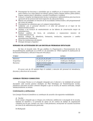 13
Desempeñar las funciones y actividades que se establecen en el manual respectivo, enla
parte relativa a su cargo (barrer los salones, patios y baños, limpiar salones, patios ybaños,
trapear, aspirar pisos y alfombras y sacudir el mobiliario y cristales).
Conocer y respetar las disposiciones técnico-normativas y administrativas para lacorrecta
operación de los servicios del nivel respectivo de educación básica.
Planear sus actividades en función de las necesidades institucionales y del programaanual
del centro de trabajo.
Desempeñar las comisiones que se le asignen temporalmente.
Colaborar con el personal directivo y el resto del personal en el logro de los
objetivosinstitucionales.
Auxiliar a los técnicos de mantenimiento en las labores de conservación mayor de
lasinstalaciones.
Realizar cambios de focos, de cerraduras y reparaciones menores de
instalacioneseléctricas.
Realizar trabajos de albañilería, fontanería, instalación, reparación o cambio
deinstalaciones hidráulicas.
Pintar las instalaciones del plantel.
Destapar drenajes y bajantes.1
HORARIO DE ACTIVIDADES EN LAS ESCUELAS PRIMARIAS ESTATALES
En base al Acuerdo núm. 96 que establece la Organización y Funcionamiento de las
EscuelasPrimarias, (publicado en el DOF el 7 de diciembre de 1982) Capítulo II clasificación de
las Escuelas Primarias y Artículo 8 fracción VII a),b),c).
TURNO GRADOS HORAS
Matutino 1°, 2°, 3°, 4°, 5° y 6° 8:00 a.m-12:30 p.m
Vespertino 1°, 2°, 3°, 4°, 5° y 6° 14:00 p.m-18:30 p.m
Nocturno Según el nivel y parte de
educación primaria y
secundaria
19:00 p.m-21:00 p.m
El recreo será de 20 minutos bajo el cuidado y atención del personal de intendencia,
docentes y directivos de la escuela.1
CONSEJO TÉCNICO CONSULTIVO
El Consejo Técnico es el colegiado integrado por el director y la totalidad del personal
docentede cada escuela quienes mediante un Plan Estratégico de Transformación escolar,
planifican yejecutan acciones comunes dirigidas a que su escuela, de manera unificada, cumpla
satisfactoriamente su misión.
Conformación y atribuciones
Los Consejos Técnicos Consultivos se constituyen de acuerdo a las siguientes modalidades:
a) Escolar
Es un cuerpo colegiado que se integra con el director, subdirector o encargado de la escuela,
laplanta de maestros y el personal de apoyo de los centros de trabajo de organización
completa yen los que cuenten con cinco o más profesores, incluyendo las escuelas nocturnas
así como la de administración particular.
b) Multigrado
 