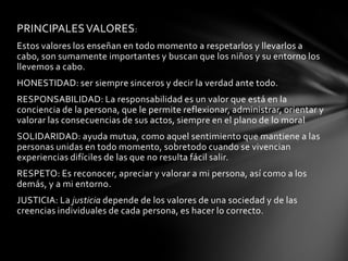 PRINCIPALESVALORES:
Estos valores los enseñan en todo momento a respetarlos y llevarlos a
cabo, son sumamente importantes y buscan que los niños y su entorno los
llevemos a cabo.
HONESTIDAD: ser siempre sinceros y decir la verdad ante todo.
RESPONSABILIDAD: La responsabilidad es un valor que está en la
conciencia de la persona, que le permite reflexionar, administrar, orientar y
valorar las consecuencias de sus actos, siempre en el plano de lo moral
SOLIDARIDAD: ayuda mutua, como aquel sentimiento que mantiene a las
personas unidas en todo momento, sobretodo cuando se vivencian
experiencias difíciles de las que no resulta fácil salir.
RESPETO: Es reconocer, apreciar y valorar a mi persona, así como a los
demás, y a mi entorno.
JUSTICIA: La justicia depende de los valores de una sociedad y de las
creencias individuales de cada persona, es hacer lo correcto.
 
