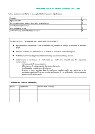 Respuesta educativa para el alumnado con TDAH
Marcar los elementos objeto de la Adaptación Curricular no significativa
Espacios
Agrupamientos X
Recursos humanos: apoyos dentro del aula ordinaria X
Didáctica de la enseñanza
Materiales y recursos X
Instrumentos y modalidad de evaluación X
OBSERVACIONES Y ACLARACIONES SOBRE ESTOS ELEMENTOS:
 Agrupamientos: Se llevarán a cabo actividades que fomenten el trabajo cooperativo en pequeño
grupo.
 Recursos humanos: La especialista de PT entrará al aula en las sesiones de apoyo.
 Materiales y recursos: Se priorizarán materiales y recursos intuitivos y visuales.
 Instrumentos y modalidad de evaluación. La evaluación contará con los siguientes
instrumentos:
- Actividades de la autoevaluación
- Observación directa y registro diario de información
- Análisis de las producciones del alumno
- Pruebas orales y escritas: Podrán realizarse pruebas orales que sustituyan a las
escritas y podrá modificarse y ampliarse el tiempo de ejecución de las mismas, siempre
que se considere necesario.
Colaboración familiar (reuniones)
Fecha Asistentes Motivo de la reunión.
 