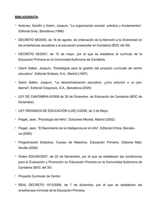 BIBLIOGRAFÍA:
- Antúnez, Serafín y Gairin, Joaquín, “La organización escolar: práctica y fundamentos”,
Editorial Grao, Barcelona (1996)
- DECRETO 98/2005, de 18 de agosto, de ordenación de la Atención a la Diversidad en
las enseñanzas escolares y la educación preescolar en Cantabria (BOC del 29)
- DECRETO 56/2007, de 10 de mayo, por el que se establece el currículo de la
Educación Primaria en la Comunidad Autónoma de Cantabria.
- Gairin Sallan, Joaquín, “Estrategias para la gestión del proyecto curricular de centro
educativo”, Editorial Sintesis, S.A., Madrid (1997)
- Gairin Sallan, Joaquín, “La descentralización educativa: ¿Una solución o un pro-
blema?, Editorial Cisspraxis, S.A., Barcelona (2005)
- LEY DE CANTABRIA 6/2008 de 26 de Diciembre, de Educación de Cantabria (BOC de
Diciembre)
- LEY ORGÁNICA DE EDUCACIÓN (LOE) 2/2006, de 3 de Mayo
- Piaget, Jean, “Psicología del Niño”, Ediciones Morata, Madrid (2002)
- Piaget, Jean, “El Nacimiento de la inteligencia en el niño”, Editorial Critica, Barcelo-  
na (2000)
- Programación Didáctica. Cuerpo de Maestros. Educación Primaria. Editorial Mad,
Sevilla (2006)
- Orden EDU/54/2007, de 22 de Noviembre, por la que se establecen las condiciones
para la Evaluación y Promoción en Educación Primaria en la Comunidad Autónoma de
Cantabria (BOC del 30)
- Proyecto Curricular de Centro
- REAL DECRETO 1513/2006, de 7 de diciembre, por el que se establecen las
enseñanzas mínimas de la Educación Primaria.
 