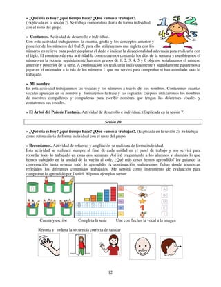 12
» ¿Qué día es hoy? ¿qué tiempo hace? ¿Qué vamos a trabajar?.
(Explicada en la sesión 2). Se trabaja como rutina diaria de forma individual
con el resto del grupo.
» Contamos. Actividad de desarrollo e individual.
Con esta actividad trabajaremos la cuantía, grafía y los conceptos anterior y
posterior de los números del 0 al 5, para ello utilizaremos una regleta con los
números en relieve para poder desplazar el dedo e indicar la direccionalidad adecuada para realizarla con
el lápiz. El comienzo de esta actividad la comenzaremos contando los días de la semana y escribiremos el
número en la pizarra, seguidamente haremos grupos de 1, 2, 3, 4, 5 y 0 objetos, señalaremos el número
anterior y posterior de la serie. A continuación los realizarán individualmente y seguidamente pasaremos a
jugar en el ordenador a la isla de los números I que me servirá para comprobar si han asimilado todo lo
trabajado.
» Mi nombre
En esta actividad trabajaremos las vocales y los números a través del sus nombres. Contaremos cuantas
vocales aparecen en su nombre y formaremos la frase y las copiarán. Después utilizaremos los nombres
de nuestros compañeros y compañeras para escribir nombres que tengan las diferentes vocales y
contaremos sus vocales.
» El Árbol del País de Fantasía. Actividad de desarrollo e individual. (Explicada en la sesión 7)
Sesión 10
» ¿Qué día es hoy? ¿qué tiempo hace? ¿Qué vamos a trabajar?. (Explicada en la sesión 2). Se trabaja
como rutina diaria de forma individual con el resto del grupo.
» Recordamos. Actividad de refuerzo y ampliación se realizara de forma individual.
Esta actividad se realizará siempre al final de cada unidad en el panel de trabajo y nos servirá para
recordar todo lo trabajado en estas dos semanas. Así iré preguntando a los alumnos y alumnas lo que
hemos trabajado en la unidad de la vuelta al cole, ¿Qué más cosas hemos aprendido? Iré guiando la
conversación hasta repasar todo lo aprendido. A continuación realizaremos fichas donde aparezcan
reflejados los diferentes contenidos trabajados. Me servirá como instrumento de evaluación para
comprobar lo aprendido por Daniel. Algunos ejemplos serían:
Cuenta y escribe Completa la serie Une con flechas la vocal a la imagen
Recorta y ordena la secuencia correcta de saludar
 