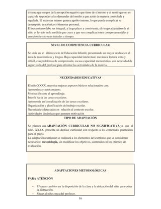 16
tristeza que surgen de la recepción negativa que tiene de sí mismo y al sentir que no es
capaz de responder a las demandas del medio a que actúe de manera controlada y
regulada. El malestar interno genera agobio interno, lo que puede complicar su
desempeño académico y bienestar personal.
El tratamiento debe ser integral, a largo plazo y consistente, el riesgo adaptativo de el
niño es levado en la medida que crece y que sus complicaciones comportamentales y
emocionales no sean tratadas a tiempo.
NIVEL DE COMPETENCIA CURRICULAR
Se sitúa en el último ciclo de Educación Infantil, presentando un mayor desfase en el
área de matemáticas y lengua. Baja capacidad intelectual, mecánica lectora lenta y
difícil, con problemas de comprensión, escasa capacidad memorística, con necesidad de
supervisión del profesor para afrontar las actividades de la materia.
NECESIDADES EDUCATIVAS
El niño XXXX, necesita mejorar aspectos básicos relacionados con:
Autoestima y autoconcepto.
Motivación ante el aprendizaje.
Interés hacia las tareas escolares.
Autonomía en la realización de las tareas escolares.
Organización y planificación del trabajo escolar.
Necesidades detectadas en relación al contexto escolar.
Actividades dinámicas que generen motivación
TIPO DE ADAPTACIÓN
Se plantea una ADAPTACIÓN CURRICULAR NO SIGNIFICATIVA ya que el
niño, XXXX, presenta un desfase curricular con respecto a los contenidos planteados
para el grupo.
La adaptación curricular se realizará a los elementos del currículo que se consideran
necesarios: metodología, sin modificar los objetivos, contenidos ni los criterios de
evaluación.
ADAPTACIONES METODOLÓGICAS
PARA ATENCIÓN
- Efectuar cambios en la disposición de la clase y la ubicación del niño para evitar
la distracción.
- Situar al niño cerca del profesor.
 