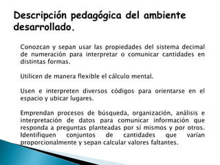 Descripción pedagógica del ambiente
desarrollado.
Conozcan y sepan usar las propiedades del sistema decimal
de numeración para interpretar o comunicar cantidades en
distintas formas.
Utilicen de manera flexible el cálculo mental.
Usen e interpreten diversos códigos para orientarse en el
espacio y ubicar lugares.
Emprendan procesos de búsqueda, organización, análisis e
interpretación de datos para comunicar información que
responda a preguntas planteadas por sí mismos y por otros.
Identifiquen conjuntos de cantidades que varían
proporcionalmente y sepan calcular valores faltantes.
 