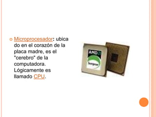  Microprocesador: ubica
do en el corazón de la
placa madre, es el
"cerebro" de la
computadora.
Lógicamente es
llamado CPU.
 